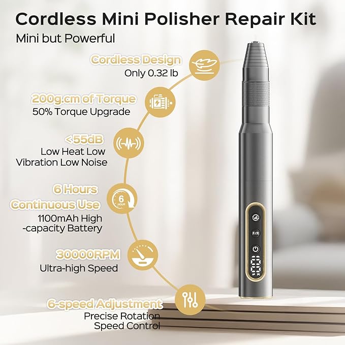 Cordless Mini Polisher, 30000RPM Portable Repair & Cleaning Kit for Acrylic & Soft Liners - Smooths Rough Edges, Removes Stains, Perfect Finish, Ideal Gift for Dad Mom Grandma Grandpa