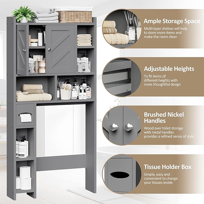 Meilocar Over the Toilet Storage Cabinet, Freestanding Farmhouse Storage Cabinet Over Toilet, Bathroom Organizer with Paper Holder Stand and Adjustable Shelf, Grey