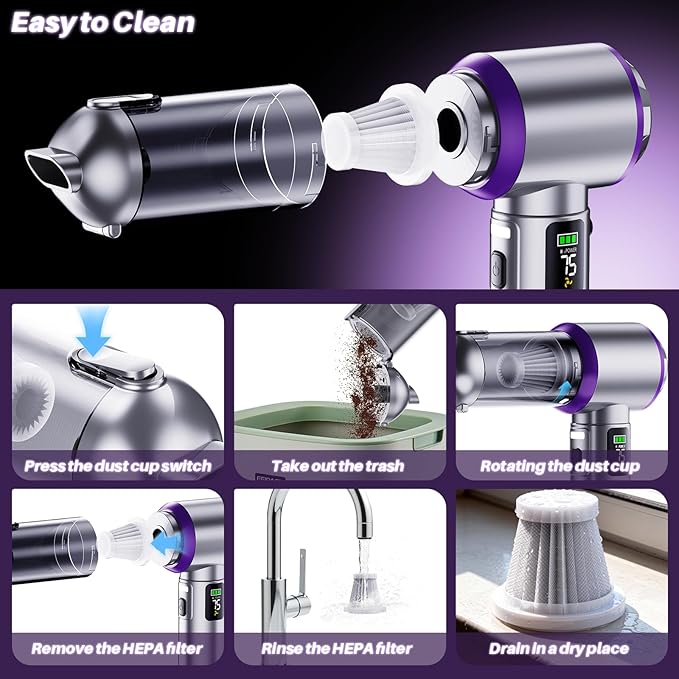 Car Vacuum Portable Cordless, 22000PA High Power Handheld Vacuum Cordless with Brushless Motor & LED Light, Small Vacuum for Car, Home, Pet, Office