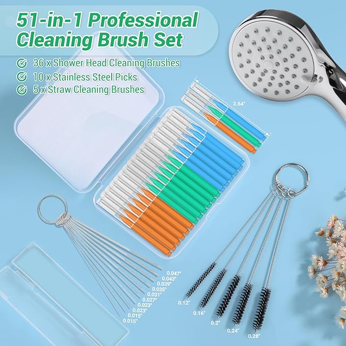 51-in-1 Shower Head Cleaner Kit & Straw Cleaning Brushes Set - Unclog Nozzles, Holes, Stanley Cups, Sippy Bottles, Printers, Faucets - 35 Brushes, 10 Steel Picks, 5 Straw Brushes (3 Colors)