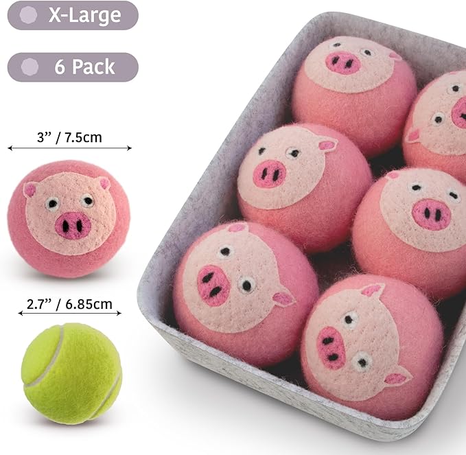 Wool Dryer Balls XL 6-Pack with Felt Box - 100% Pure Wool, Eco-Friendly Fabric Softener, Reduces Wrinkles & Drying Time, Anti-Static, Hypoallergenic, Reusable for 1000+ Loads (Pink Pig)