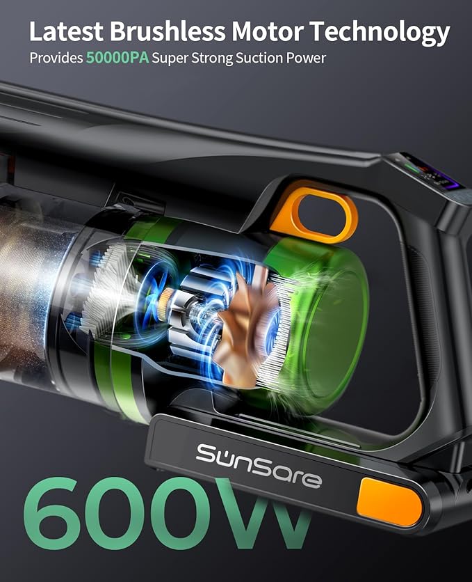 SunSare Cordless Vacuum Cleaner, 50KPa 600W 65Mins Vacuum Cleaner for Home, V-Anti-Tangle Stick Vacuum with Scented Tablet, Upgraded dust Emptying Cup, Vacuum Cordless for Pet Hair/Carpet/Floors