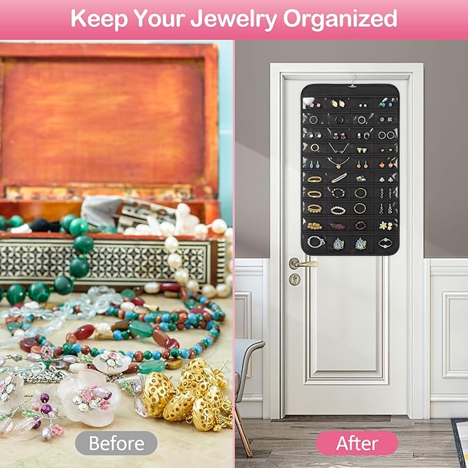 2 Pack Hanging Jewelry Organizer, 80 Clear Pockets earring organizer and storage, Accessories holder organizer for Closet, Jewelries, Necklace, Travel