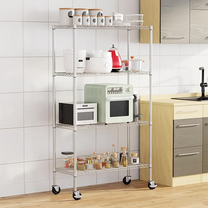 FDW 4-Tier Wire Shelving Unit Adjustable Garage Shelving 1400 lbs Weight Capacity Storage Shelves with Wheels for Home Kitchen Garage Commercial, 14" Dx36 Wx62 H, Chrome