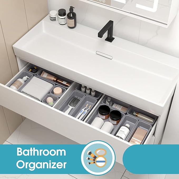 25 PCS Drawer Organizer Set, 4 Size Makeup Drawer Divider Organizer With Non-Slip Pads, Interlocking Plastic Storage Bins for Office,Jewelry Vanity,Gadgets, Bathroom,Kitchen, Grey