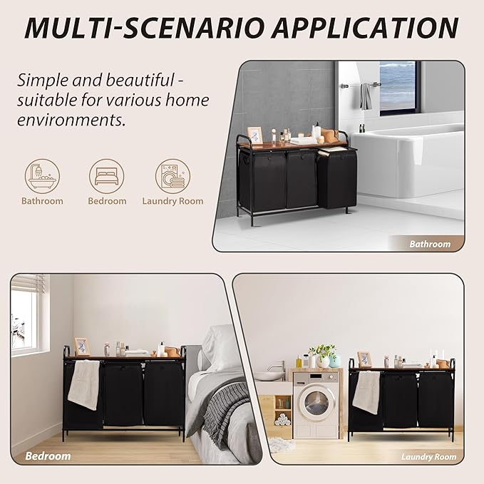 3 Section Laundry Hamper with Shelf, Laundry Basket Organizer with 3 Pull-Out Removable Bags 3×12.3Gal(46.6L), Laundry Sorter for Clothes Organization in Bedroom, Laundry Room, Brown
