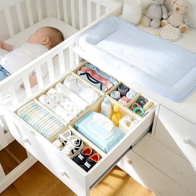 DIMJ Drawer Organizer Clothes, 30 Pack Dresser Organizer, Foldable Closet Organizers and Storage, Fabric Dresser Bins, Drawer Dividers for Nursery, Baby Clothes, Underwears, Sock,Beige