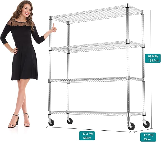 M MZG 1400LBS 47.2" W 4 Tiers Storage Shelves Metal Shelving Unit with Wheels Heavy Duty Garage Shelving Adjustable Wire Shelves for Pantry,Kitchen,Garage,Basement,Chrome 17.7" D x 47.2" W x 62.6" H