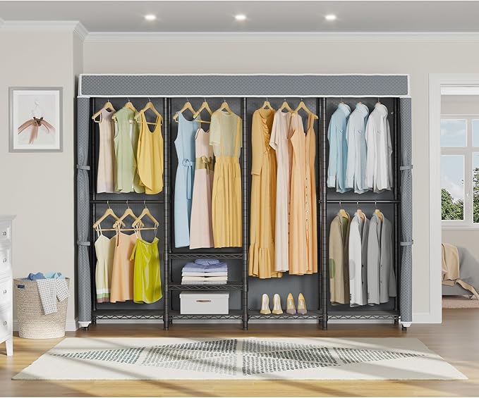 VIPEK V40C Covered Clothes Rack Heavy Duty Clothing Rack with Cover, Custom Freestanding Closet Portable Wardrobe Closet for Bedroom, Large Black Coset Rack with Grey Upgarded Polyester Cover