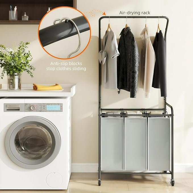 ROMOON Laundry Sorter Hamper with Hanging Bar, 3 Section Rolling Laundry Cart with Clothes Rack & Heavy-Duty Lockable Wheels, Divided Laundry Basket Organizer for Apartment & Small Spaces (130L Grey)