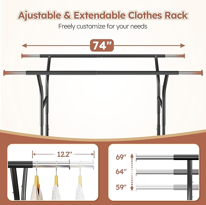 Raybee 74" W Clothes Rack Load 630 LBS, Clothing Racks for Hanging Clothes, Adjustable Heavy Duty Clothes Rack, Double Rods Metal Garment Rack for Bedroom Wardorbe Closet Living Room