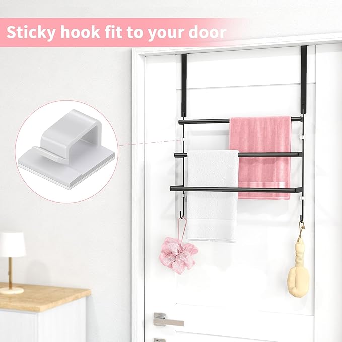 Over The Door Towel Rack,Towel Rack with Hooks for Door Hanging, Door Towel Bar, Over Door Towel Racks for Bathroom (Black)
