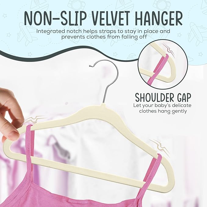 TechZoo 50 Premium Baby Velvet Hangers - 11.8" Non-Slip, Ultra-Slim Space-Saving Children Closet Hangers - 360° Swivel Hook, Strong & Durable Infant & Toddler Clothes Hangers for Wardrobe - Ivory