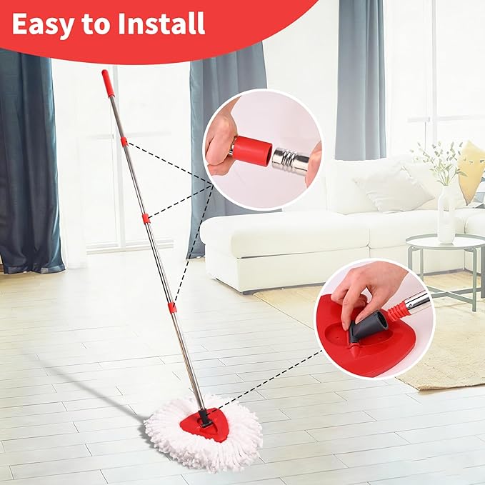 Mop Replacement Heads, Handle, Base Compatible with O Cedar EasyWring 1-Tank Spin Mop System, 2 Microfiber Mop Head Refills, 4-Section Iron Handle 30-58in and 1 Spin Base Cover Set