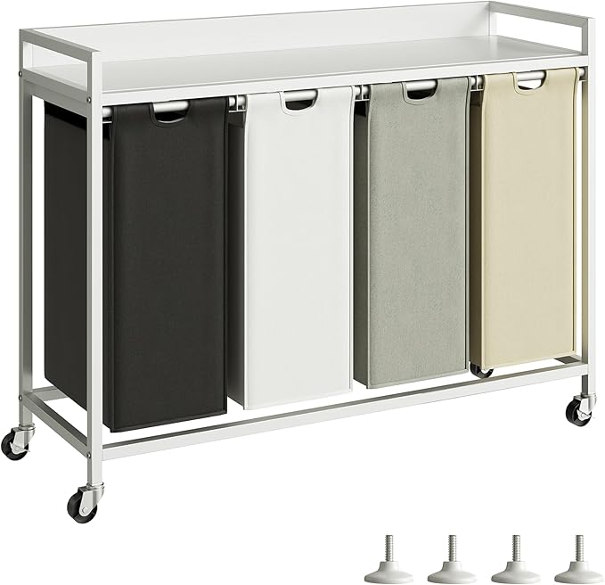 Herture Laundry Hamper with Shelf, Laundry Basket 4 Section, Laundry Sorter with Pull-Out Removable Large 4 Color Bags and Movable Wheels, Metal Frame, 4 x 15.87 Gallons (60L), White PF07XLE
