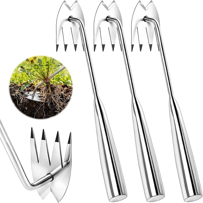 3 Pack Heavy Duty Stainless Steel Weed Puller Tools 4 Tooth V Head Manual Hand Weeder for Dandelions, Thistles Deep Roots, Manual Garden Weed Removal Tools for Lawn, Yard and Flower Beds