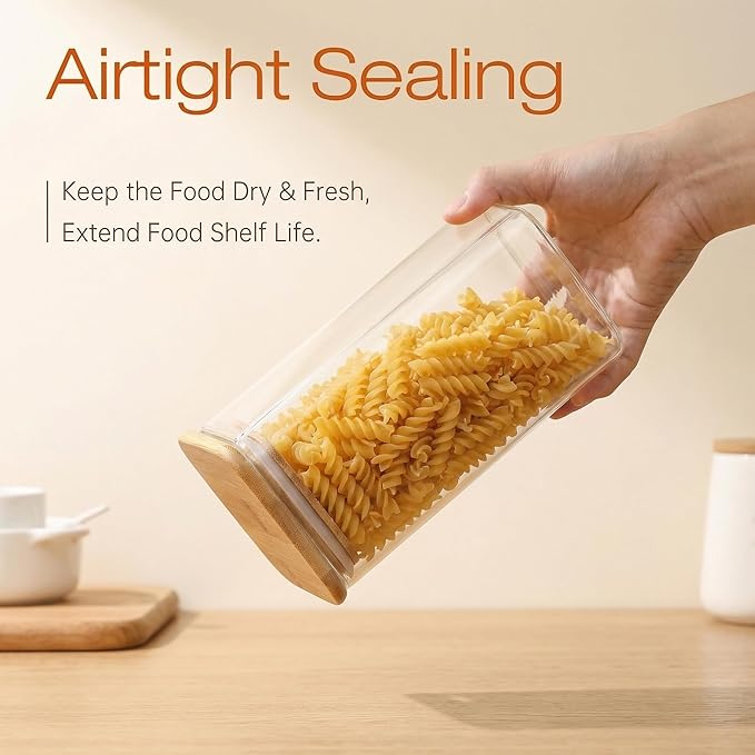 Extra Large Square Glass Flour & Sugar Storage Containers with Airtight Lids, 132oz & 63oz - 2 Pack Glass Jars with Bamboo Lids, Air tight Pantry Food Storage Containers for Cereal, Pasta, Rice