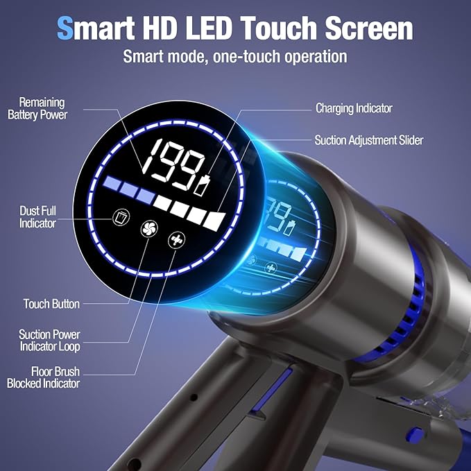 KCLASO Cordless Vacuum Cleaner, 550W 45KPA 50Min Vacuum Cleaners for Home, Self-Standing Stick Vacuum with Touch Screen, 3 Power Modes, Rechargeable Battery, Handheld Vacuum for Pet Hair Carpet Floor