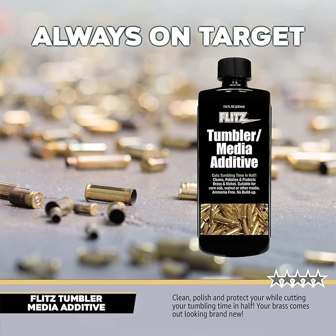 Flitz Tumbler Media Additive - 7.6oz Bottle of USA-Made Brass Cleaner Reloading Liquid for Ammo, Copper, & All Metals - Ammonia-Free Tumbling Polish to Remove Oxidation, Powder Residue (6 Pack)