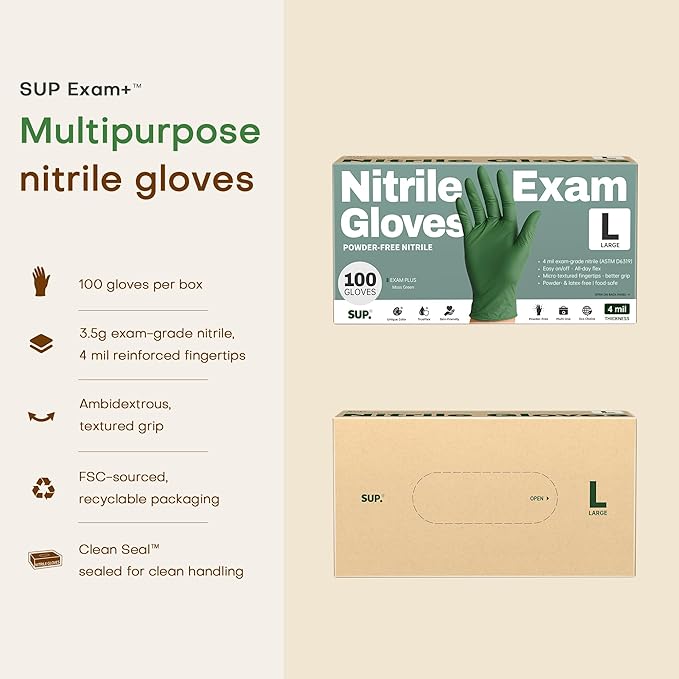 SUP Disposable Nitrile Gloves, Powder-Free Latex-Free Food Safe Cooking Home Cleaning Non-Sterile Glove, Moss Green, 100 Ct