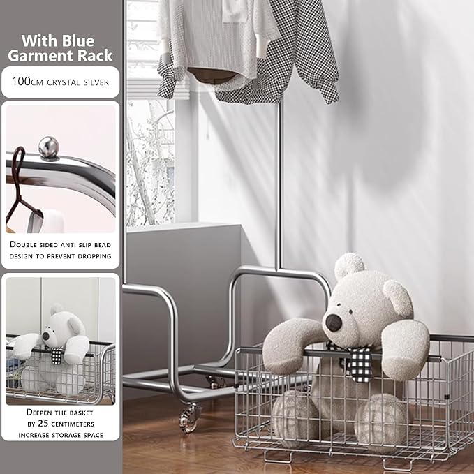 AUGMIRR Garment Rack With Storage Baskets,Clothing Rack for Hanging Clothes, Multi-functional Bedroom Clothes Rack with Wheels for Bedroom, Living Room, Easy Assembly (24inch length)
