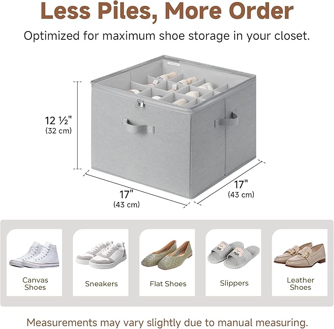 StorageWorks 2 Pack Shoe Organizer for Closet, Foldable Shoe Storage Box with Adjustable Dividers, Fabric Shoe Boxes Organizer for 32 Pairs, Closet Organizers and Storage Bin for Boots, Sneakers, Grey