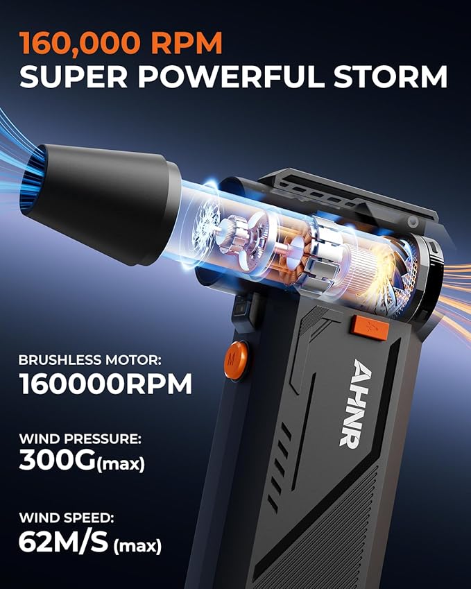 AHNR Compressed Air Duster, 160,000RPM Powerful Electric Air Duster Blower Rechargeable with Brushless Motor, 3-Gear Adjustable Mini Air Blower Cordless for Computer, Keyboard, Home, Outdoor and Car