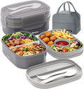 2 Layers Bento Box, All-in-One Stackable Lunch Container with Compartments, 64oz Leakproof Microwave Safe Dishwasher Safe Bento Box with Lunch Bag and Utensil Set for Kids and Adults