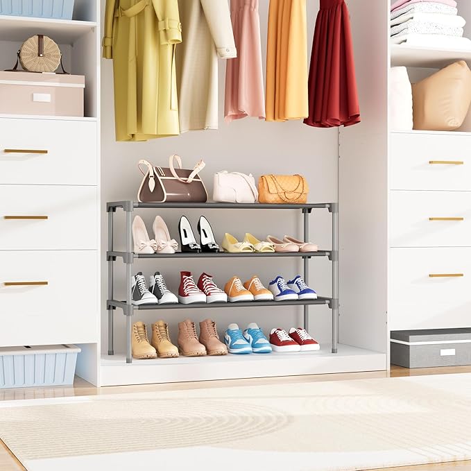 34" Widening Design Shoe Rack for Closet 16 Pairs Small Spaces Non-Woven 3 Tier Shoe Organizer Stackable Metal Shoe Shelf for Entryway, Bedroom Grey