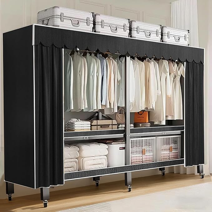 Heavy Duty Portable Closet with Cover Foldable Covered Clothes Rack for Hanging Clothes Armoire Wardrobe Closet System Freestanding Coat Storage Garment Racks (125cm/49.2in(Coffee))
