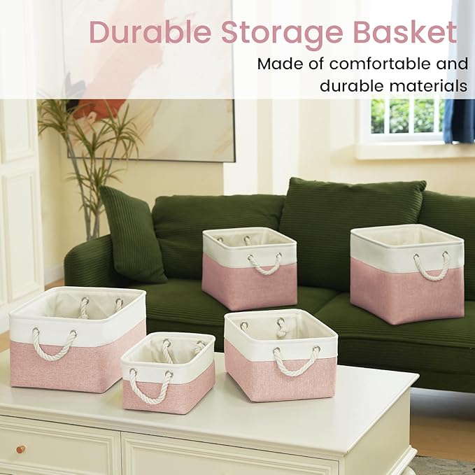 Storage Baskets for Shelves 13.8x9.8x6.7 Inch-Foldable Fabric Organizing Storage Bins with Handles, Closet & Bathroom Organizer, Home Storage for Kitchen, Office (3-Pack, White&Pink)