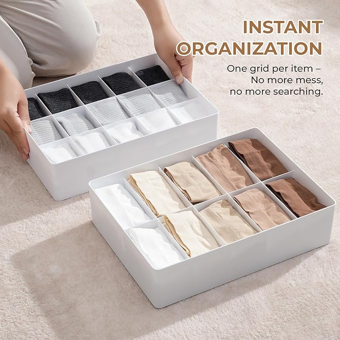 Adjustable Drawer Organizer – 19-Grid Divider for Socks, Bras & Panties, Closet Storage Box for Underwear & Dresser Drawers (15+4)