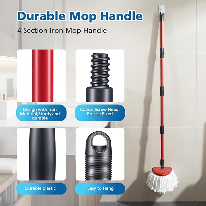 Spin Mop Replacement Head Spin Mop Refills Compatible with O Ceda EasyWring 1-Tank System, 2 Microfiber Spin Mop Head, 1 Triangle Mop Base Head and 4-Section Iron Mop Handle 30-58in for 1 Tank System