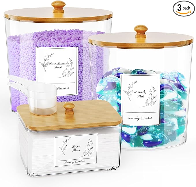 COAZEX 3 Pack Laundry Powder Container & Dryer Sheet Holder, Large Plastic Laundry Room Organization and Storage Jars with Lids, Labels & Scoops for Powder, Detergent, Scent Booster