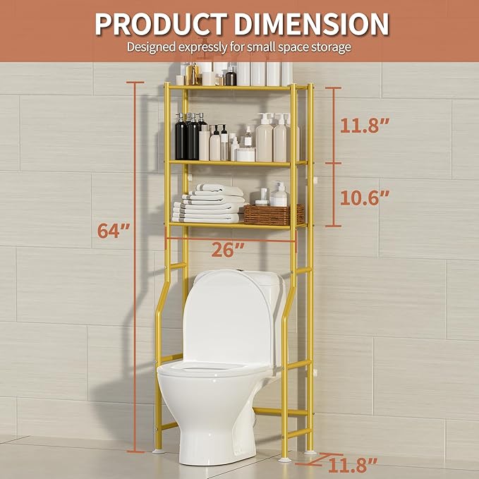 3-Tier Over The Toilet Storage, Freestanding Metal Bathroom Shelves, Space Saver Above The Over Toilet Storage Shelf for Bathroom (Gold)