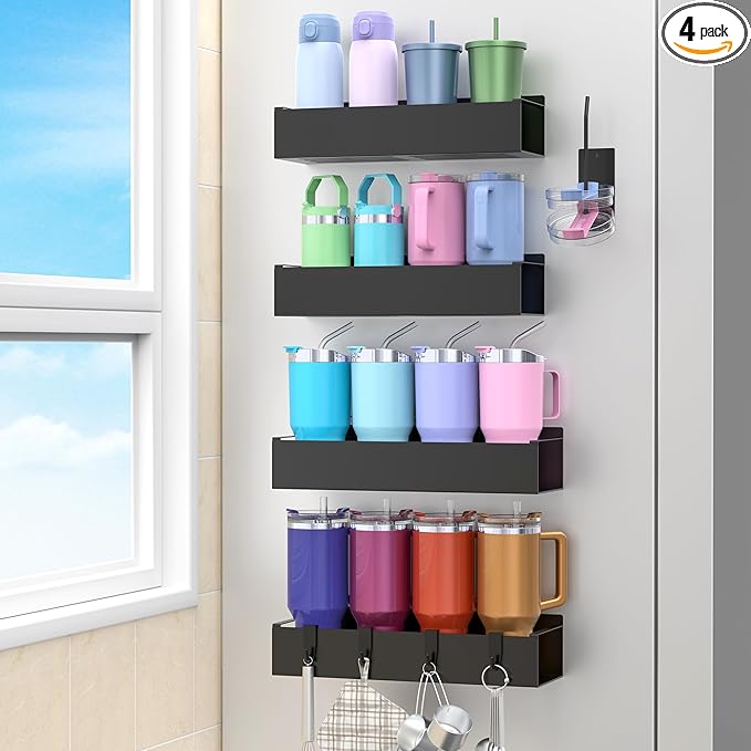 Metal Magnetic Water Bottle Holder for Refrigerator, Cup Holder Organizer for Stanley and Tumbler for Kitchen, 4 Pack, Jet Black
