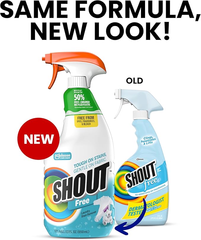 Shout Free Laundry Stain Remover Spray, Active Enzyme Formula is Fragrance, Bleach, and Dye Free, Removes Everyday Stains including Baby Stains - 22oz Spray