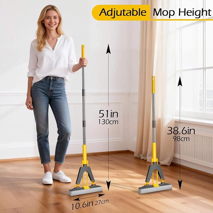 MASTERTOP Sponge Mop, Self Squeeze Mop with 3 PVA Absorbent Mop Refills, Roller Sponge Mop with 52'' Stainless Steel Handle for Kitchen Bathroom Office Hardwood Laminate Floor Cleaning