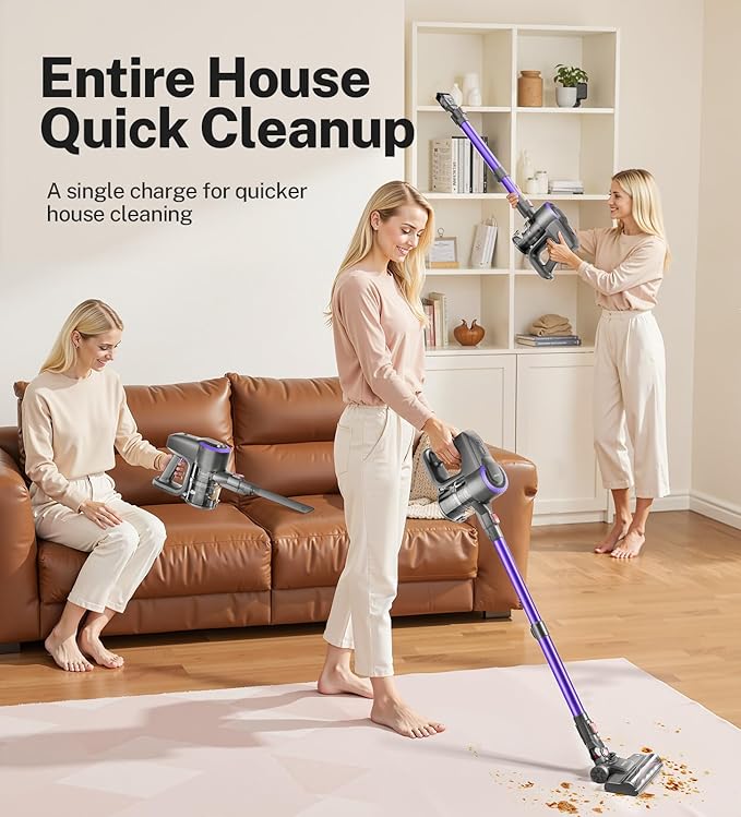 DEVOAC Cordless Vacuum Cleaner, Ultra-Lightweight Stick Vacuum, 2200mAh Battery Up to 40mins Runtime, 6 in 1 Powerful Handheld Vacuum for Home Hard Floor Carpet Pet Hair (Purple)