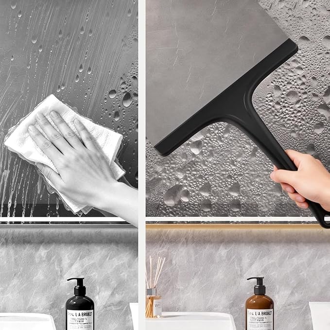 Silicone Shower Squeegee for Bathroom Glass Doors, with Hanging Hole for Easy Storage, Removes Water Spots from Windows, Mirrors, Tiles & Kitchen Surfaces-Black, 10 Inch