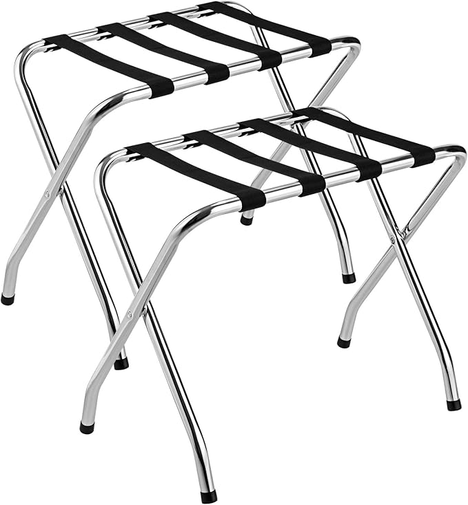 Tangkula Chrome Luggage Rack for Guest Room, No Assembly Required, Folding Metal Suitcase Stand with Nylon Belts, for Home Bedroom Guest Room Hotel, Luggage Rack, Silver (2)