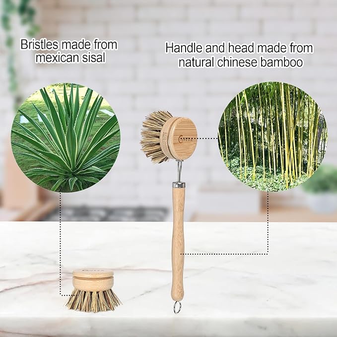 Bamboo Dish Scrubber with Handle - Hard Bristle, Natural Kitchen Brush, Sustainable & Biodegradable, Bamboo Brush for Dishes, Pans and Pots