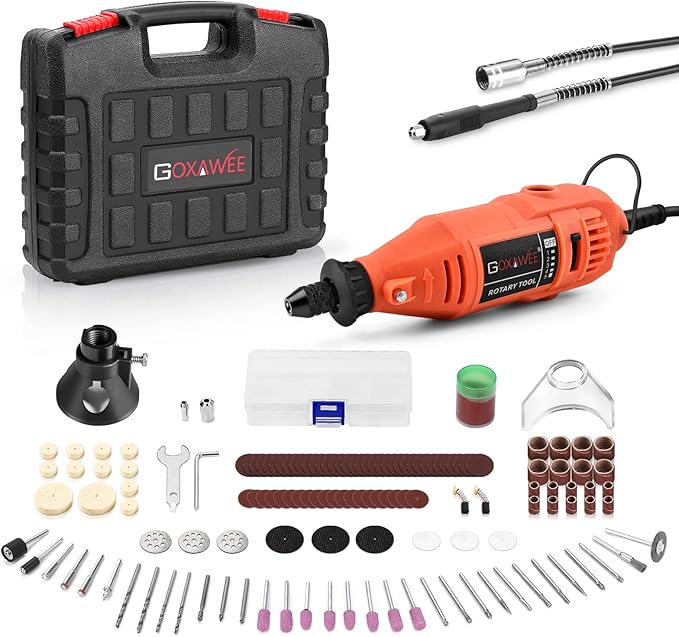 GOXAWEE Rotary Tool Kit with Keyless Drill Chuck and Flex Shaft, Variable Speed Electric Multiuse Tool & 140 Accessories for Cutting, Drilling, Engraving, Grinding, Sanding, Polishing, Crafts,and DIY