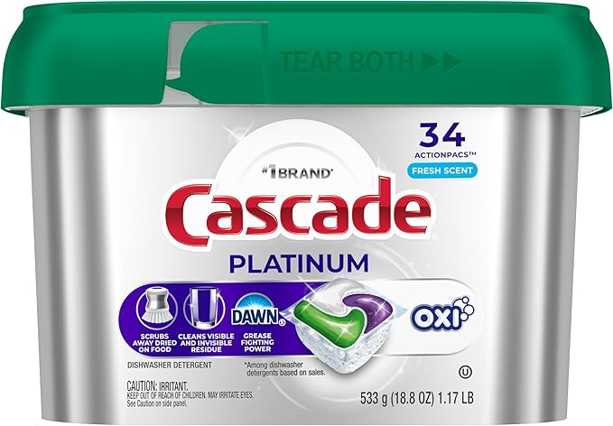 Cascade Platinum + Oxi Dishwasher Pods, Dishwasher Detergent, Dish Detergent Soap, Fresh, 34 Count