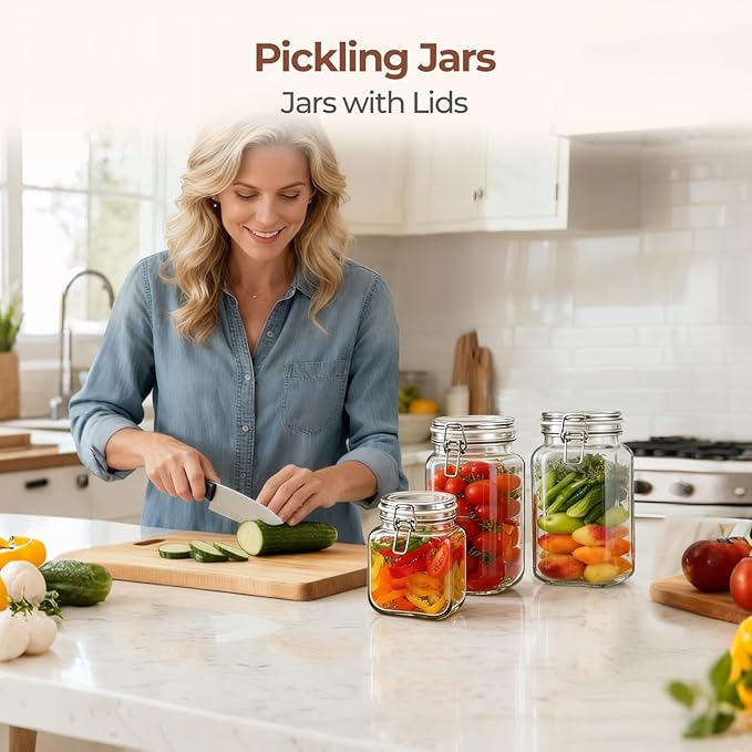ComSaf Set of 3 Square Glass Jars with Airtight Lids (51 Oz), Wire Clamp Canisters for Pickling, Kombucha & Bulk Food, Wide Mouth Canning Jars for Space Saving Kitchen & Pantry Organization