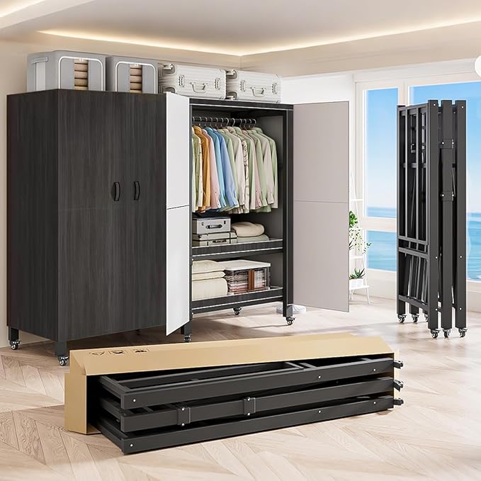 Heavy Duty Covered Clothes Rack with Magnetic Door Foldable Portable Wardrobe Closet for Hanging Clothing Rolling Black Metal Garment Rack on Wheels Closet System (Black, 58.9in)