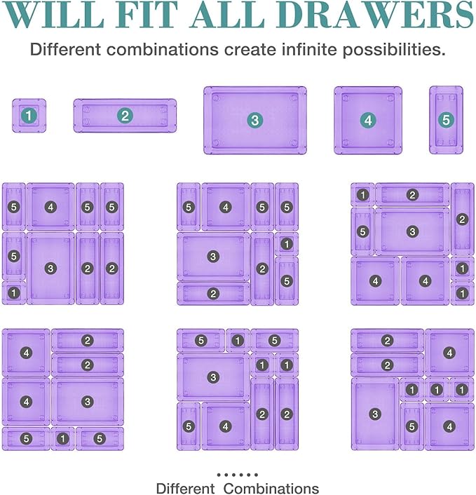 StorMiracle 10 PCS Drawer Organizer Set, 4 Varied Size Bathroom and kitchen Drawer cabinet organizer Trays, Clear Storage Bins for Makeup, Jewelry, Utensils and Gadgets, Purple