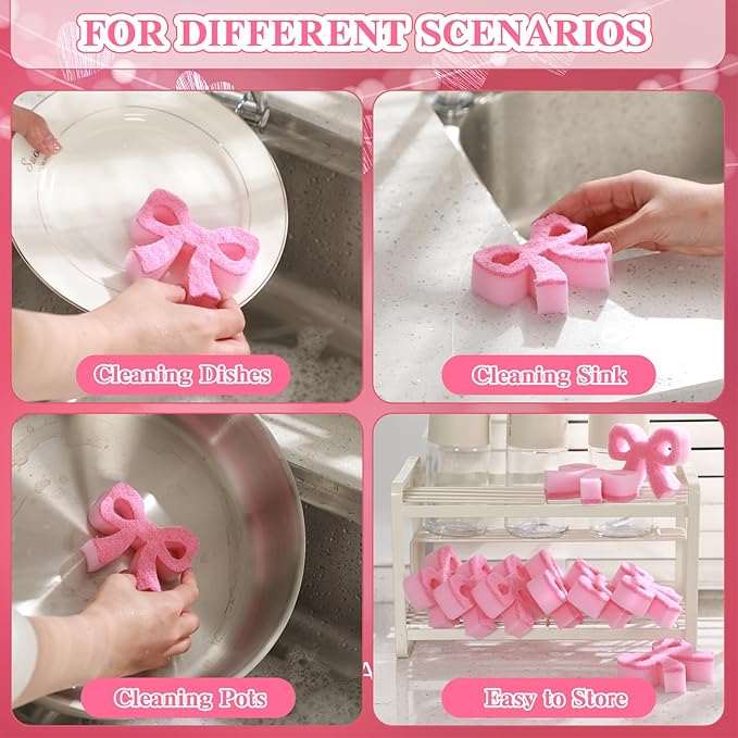 Tioncy 12 Pack Pink Bow Kitchen Sponges Bulk Pink Coquette Dual Sided Non-Scratch Scrubber Sponges Bow Dishwashing Kitchen Cleaning Accessories for Dishes Pots Pans Cute Household Supplies