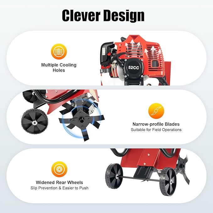 Gas Power Tiller Cultivator 52CC 2 Stroke, Gasoline Powered Garden Farmyard Tiller Air-Cooled Single Cylinder Gasoline Engine Tilling Tool, for Lawn, Field and Home