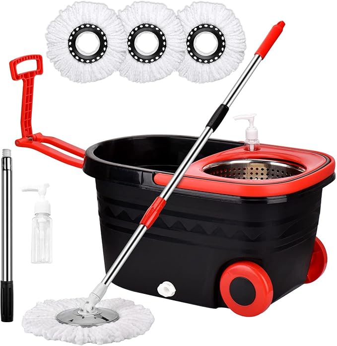 Spin Mop and Bucket with Wringer Set on Wheels, 360 Spinning Mop with Stainless Steel Handle for All Hard Surfaces, Floor Cleaning System with 3 Microfiber Replacement Heads, Black/Red